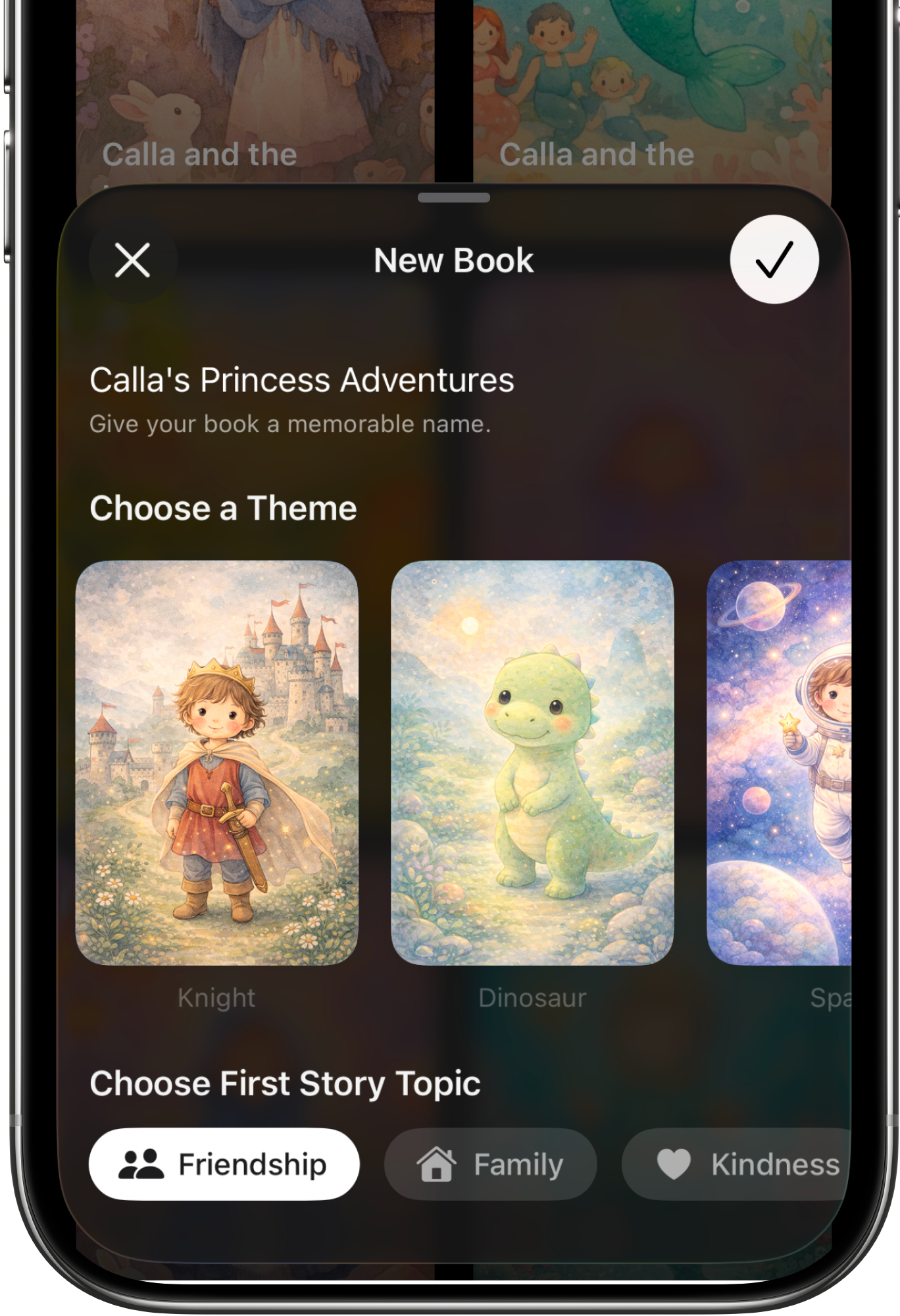 Storly theme selection screen with story worlds like Pirate, Dinosaur, and Magic