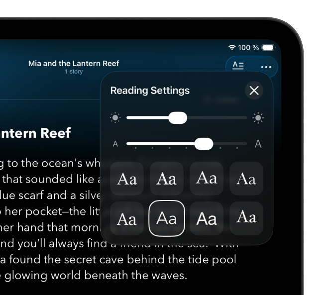 Storly reading screen with narration and reading settings